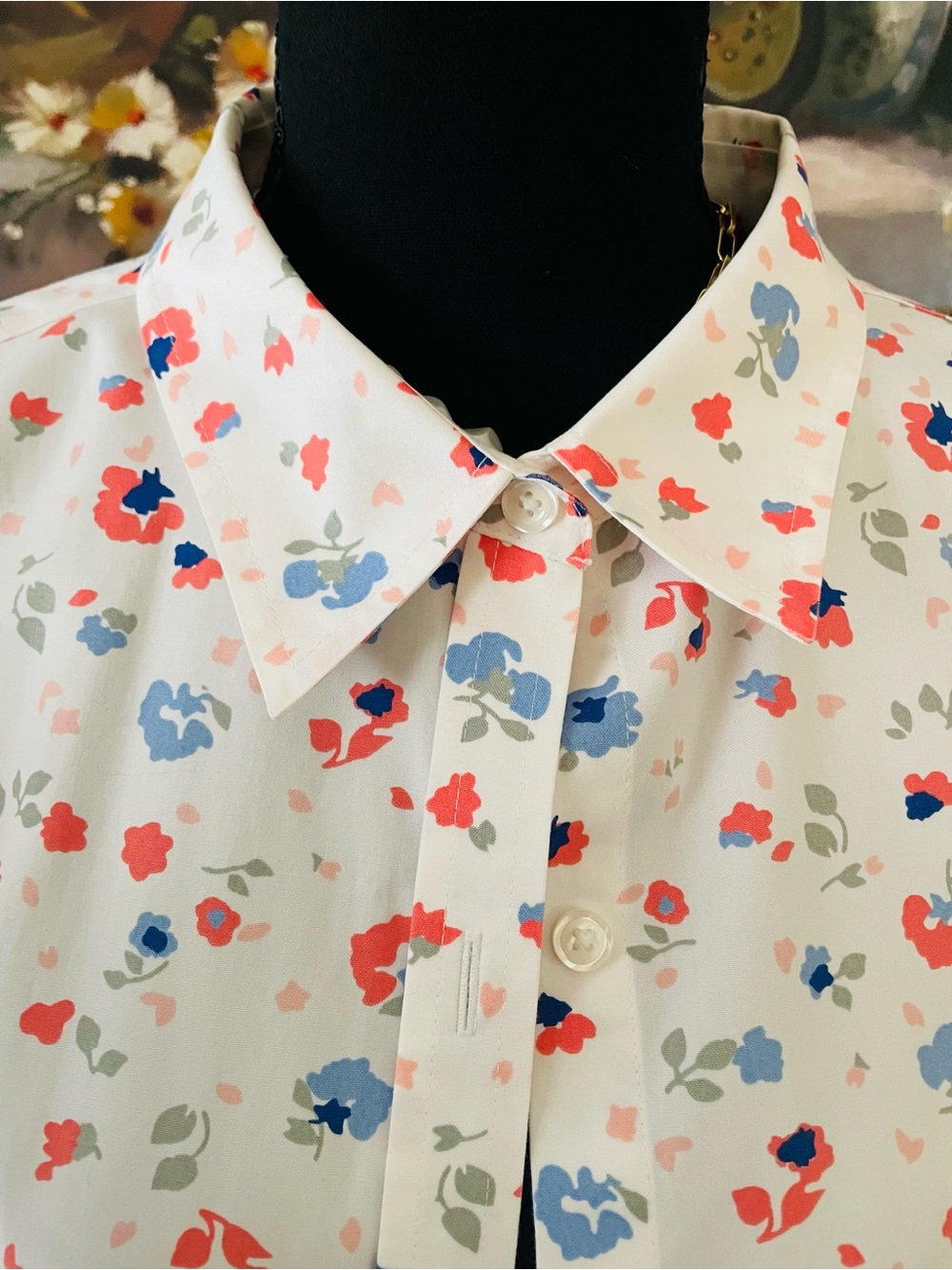 L.L. Bean Wrinkle Free White Button-Down Shirt with Pink & Blue Floral Print - Picture 3 of 15